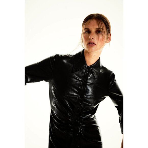 NWOT Zara black faux leather gathered waist button-up collared shirt dress, S - Picture 2 of 12